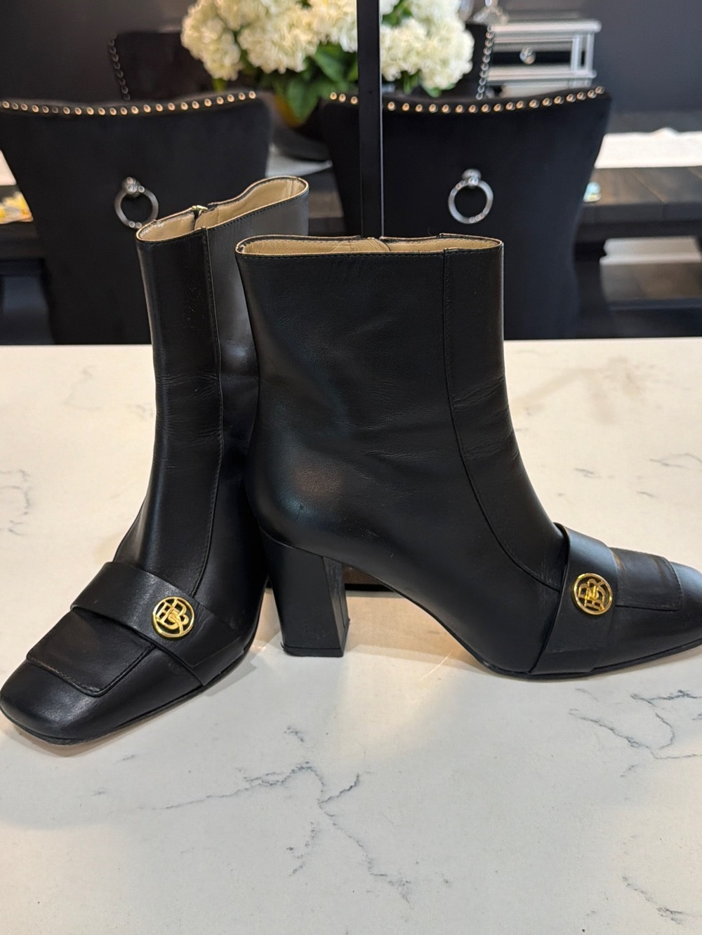 Banana Republic Italian Black Leather Mid-Calf Heeled Boots with Gold Accent